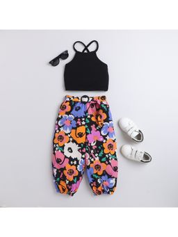 Taffy - kids Crop Top & Floral Printed Cotton Jogger Pant With Belt (Set of 2)