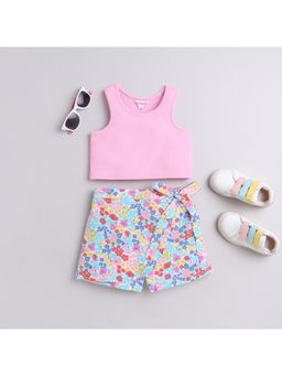 Taffy - kids Solid Tank Top with Cotton Floral Printed Skort Pink (Set of 2)