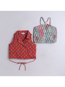 Taffy - kids Floral Printed Smoked Crop Top & Blazer Top Multi-Color (Set of 2)