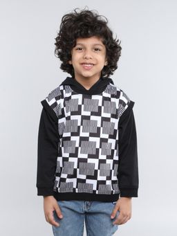Taffy - kids Geometric Printed Full Sleeves Hooded T-Shirt Black/White