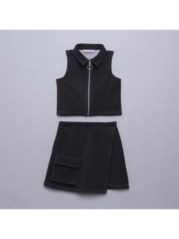 Taffy - kids Denim Zip Up Crop Top With Matching Skirt Black/White (Set of 2)