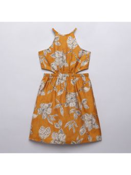 Taffy - kids Floral Printed Halter Neck Sleeveless Back Tie Up Dress-Yellow