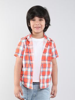 Taffy - kids 100% Cotton Checkered Half Sleeves Shirt With Attached Tee-Orange/White