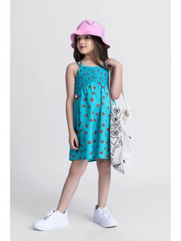 Taffy - kids Sleeveless Polka Dots Printed Smoked Detail Dress-Turquoise & Brown