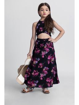 Taffy - kids Floral Printed Back Tie Up Crop Top & Ring Detail Skirt Black (Set of 2)