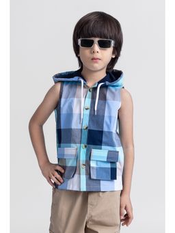 Taffy - kids Cotton Sleeveless Yarn Dyed Checks Button Up Hooded Shirt-Blue