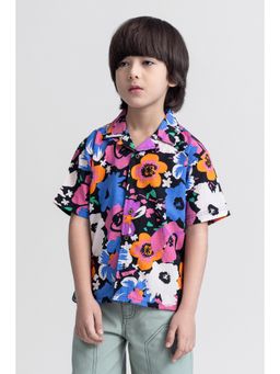 Taffy - kids Half Sleeves Floral Printed Button Up Oversize Shirt-Black & Orange