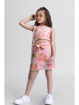 Taffy - kids Lace Detail Back Tie Up Crop Top & Skirt Co-Ord Peach (Set of 2)