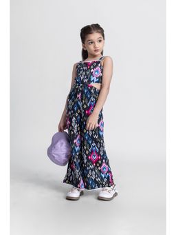 Taffy - kids Lace Detailed Sleeveless Ikat Printed Back Tie-Up Jumpsuit-Black & Purple