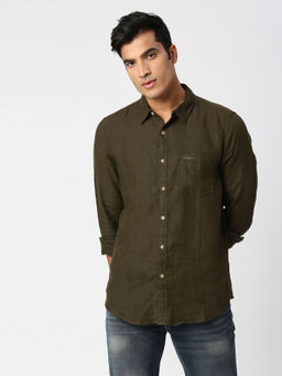 Pepe Jeans - Kingsman Full Sleeves Olive Pure Linen Casual Shirt