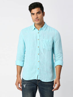 Pepe Jeans - Mac Full Sleeves Blue Pure Linen Chambray Casual Shirt