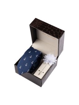 The Tie Hub - Navy Blue Slim Necktie with Flower Lapel Pin Combo Set