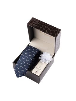 The Tie Hub - Navy Blue Moustache Necktie with Flower Lapel Pin Combo Set