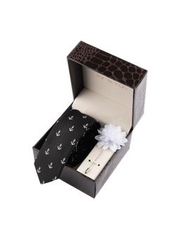 The Tie Hub - Black Anchor Necktie with Flower Lapel Pin Combo Set