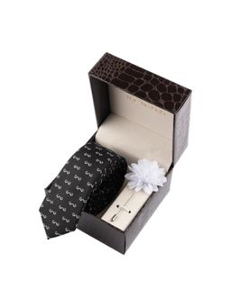 The Tie Hub - Black Moustache Necktie with Flower Lapel Pin Combo Set