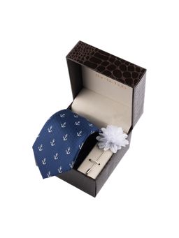 The Tie Hub - Navy Blue Anchor Necktie with Flower Lapel Pin Combo Set