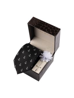 The Tie Hub - Black Anchor Necktie with Flower Lapel Pin Combo Set