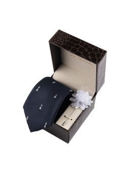 The Tie Hub - Navy Blue Chess Necktie with Flower Lapel Pin Combo Set
