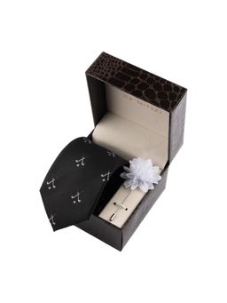 The Tie Hub - Black Golf Necktie with Flower Lapel Pin Combo Set