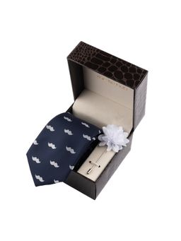 The Tie Hub - Navy Blue Moustache Necktie with Flower Lapel Pin Combo Set