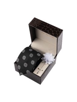 The Tie Hub - Black Delisa Necktie with Flower Lapel Pin Combo Set