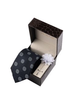 The Tie Hub - Navy Blue Delisa with Flower Lapel Pin Combo Set