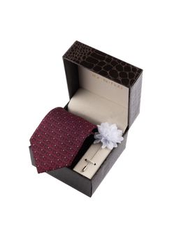 The Tie Hub - Burgundy Necktie with Flower Lapel Pin Combo Set