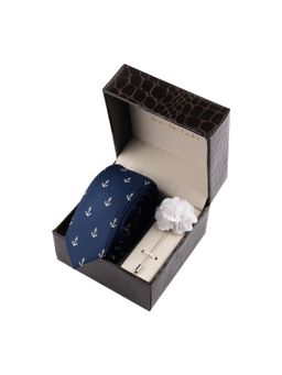 The Tie Hub - Navy Blue Slim Anchor Necktie with Flower Lapel Pin Combo Set