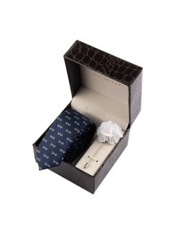 The Tie Hub - Navy Blue Moustache Necktie with Flower Lapel Pin Combo Set