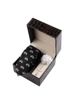 The Tie Hub - Black Slim Bicycle Necktie with Flower Lapel Pin Combo Set