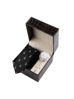 The Tie Hub - Black Anchor Necktie with Flower Lapel Pin Combo Set