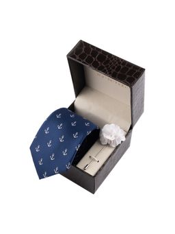 The Tie Hub - Navy Blue Anchor Necktie with Flower Lapel Pin Combo Set