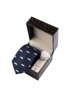 The Tie Hub - Navy Blue Moustache Necktie with Flower Lapel Pin Combo Set