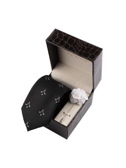 The Tie Hub - Black Golf Necktie with Flower Lapel Pin Combo Set