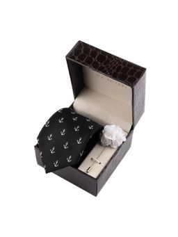The Tie Hub - Black Anchor Necktie with Flower Lapel Pin Combo Set