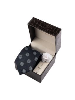 The Tie Hub - Navy Blue Delisa Necktie with Flower Lapel Pin Combo Set