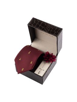The Tie Hub - Burgundy Chess Necktie with Flower Lapel Pin Combo Set