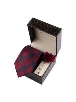 The Tie Hub - Burgundy Checks Necktie with Flower Lapel Pin Combo Set