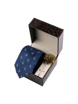 The Tie Hub - Navy Blue Ancho Necktie with Flower Lapel Pin Combo Set