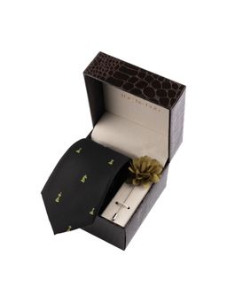 The Tie Hub - Black Chess Necktie with Flower Lapel Pin Combo Set