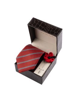 The Tie Hub - Red Stripe Necktie with Flower Lapel Pin Combo Set