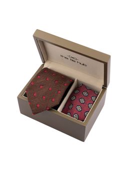 The Tie Hub - Brown Geometric Necktie with Pocket Square Combo Set