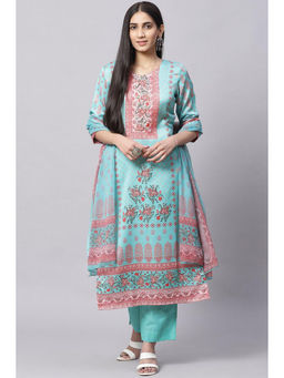 Biba - Turquoise Cotton Blend Unstitched Suit (Set of 3)