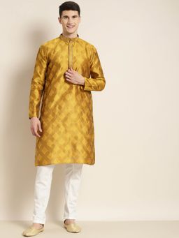 SOJANYA - Men Jacquard Silk Mustard Self Design Kurta with Off White Churidar Pyjama (Set of 2)