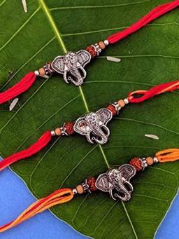 Digital Dress Room - Silver Plated Ganpati Bappa Rudraksha Tulsi Beads Thread Rakhi (Pack Of 3)