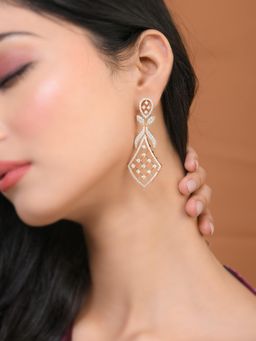 Voylla - Sparkling Elegance Floral Gold American Diamond Dangler Earrings