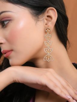 Voylla - Sparkling Elegance Gleaming Gold Petals American Diamond Dangler Earrings
