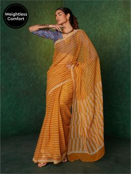 Likha - Yellow 200gms Kota Doriya Handblocked Cotton Saree with Unstitched Blouse