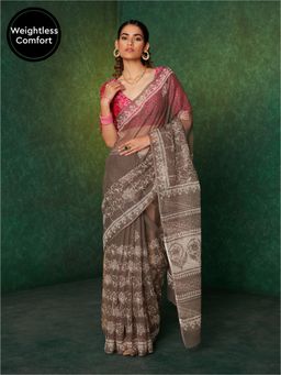Likha - Grey 200gms Kota Doriya Handblocked Cotton Saree with Unstitched Blouse LIKSAR69 (Free Size)