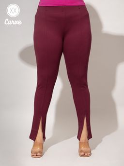 Twenty Dresses by Nykaa Fashion - Curve Wine Solid Front Slit Basics Fitted Jeggings